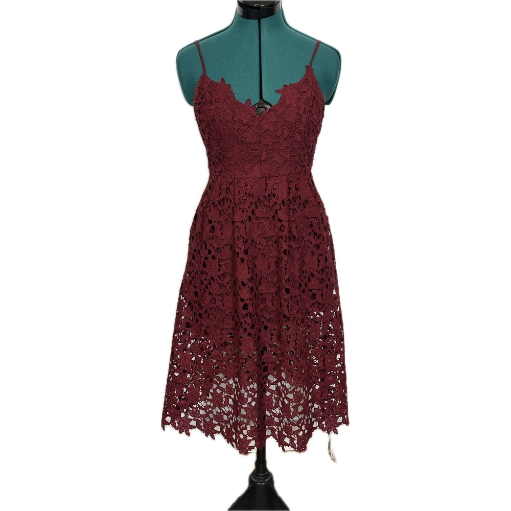 ASTR the Label Lace Midi Dress S Burgundy ALD42049 Cocktail Wedding Guest Boho
